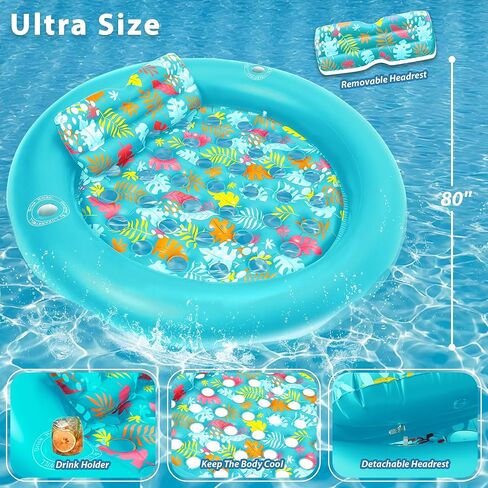 Double Adults Pool Floats Adult, LUSARRYWILL 80"X80" Inflatable Tanning Pool Heavy Duty with Cup Holders, Removable Pillow, Pool Mats for Outdoor, Water Party, Pool, Lake, Beach 2025 Upgrades in Saudi Arabia