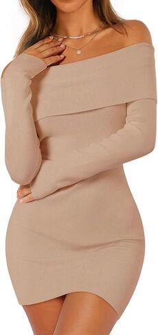 Merokeety Women's Sexy Off Counter Sweater Dress 2025 Fall Long Sleeve Bodycon Club Night Out Mini Dresses in Kuwait