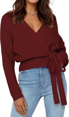Women's V-Neck Wrap Sweater, Long Sleeve Ribbed Knit Top, Casual Cropped Pullover with Side Tie in Kuwait