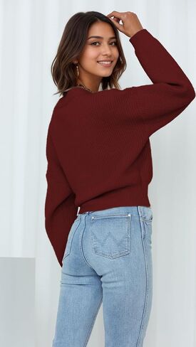 Women's V-Neck Wrap Sweater, Long Sleeve Ribbed Knit Top, Casual Cropped Pullover with Side Tie in Kuwait