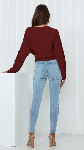 Women's V-Neck Wrap Sweater, Long Sleeve Ribbed Knit Top, Casual Cropped Pullover with Side Tie in Kuwait
