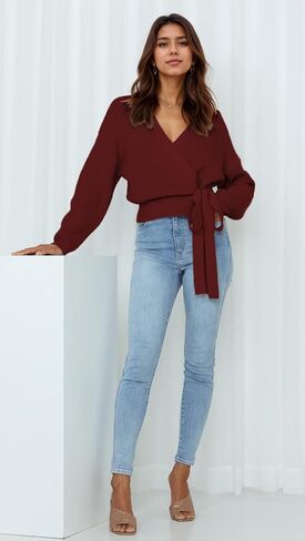 Women's V-Neck Wrap Sweater, Long Sleeve Ribbed Knit Top, Casual Cropped Pullover with Side Tie in Kuwait