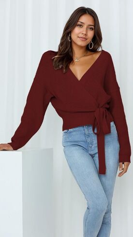 Women's V-Neck Wrap Sweater, Long Sleeve Ribbed Knit Top, Casual Cropped Pullover with Side Tie in Kuwait