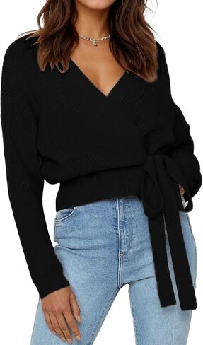 Women's V-Neck Wrap Sweater, Long Sleeve Ribbed Knit Top, Casual Cropped Pullover with Side Tie in Kuwait