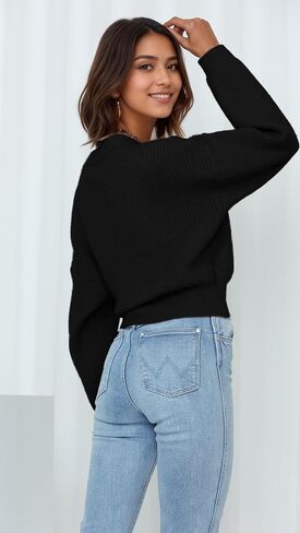 Women's V-Neck Wrap Sweater, Long Sleeve Ribbed Knit Top, Casual Cropped Pullover with Side Tie in Kuwait