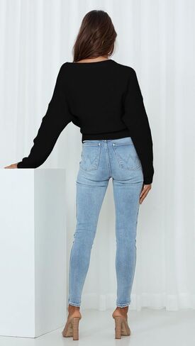 Women's V-Neck Wrap Sweater, Long Sleeve Ribbed Knit Top, Casual Cropped Pullover with Side Tie in Kuwait