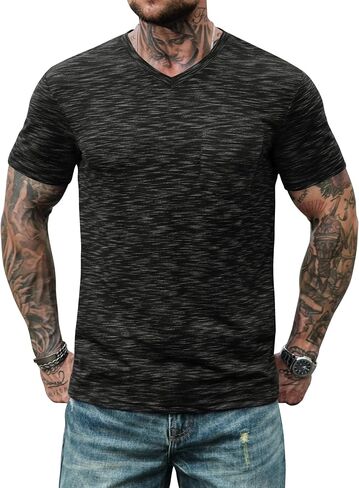 Men's V Neck T Shirts Casual Stylish Fitted Stretch Tee Shirt with Pocket (S-3XL) in Kuwait