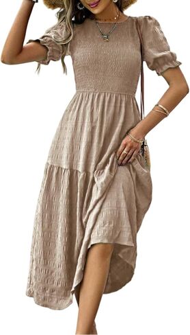 LIGHT DOT Women's Maxi Modest Dress 2025 Ruffle Puff Short Sleeve Smocked Tiered Casual Flowy in Kuwait