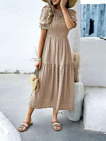 LIGHT DOT Women's Maxi Modest Dress 2025 Ruffle Puff Short Sleeve Smocked Tiered Casual Flowy in Kuwait