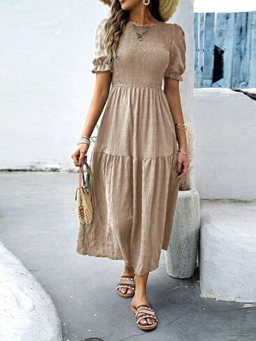 LIGHT DOT Women's Maxi Modest Dress 2025 Ruffle Puff Short Sleeve Smocked Tiered Casual Flowy in Kuwait