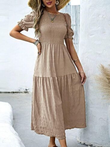 LIGHT DOT Women's Maxi Modest Dress 2025 Ruffle Puff Short Sleeve Smocked Tiered Casual Flowy in Kuwait