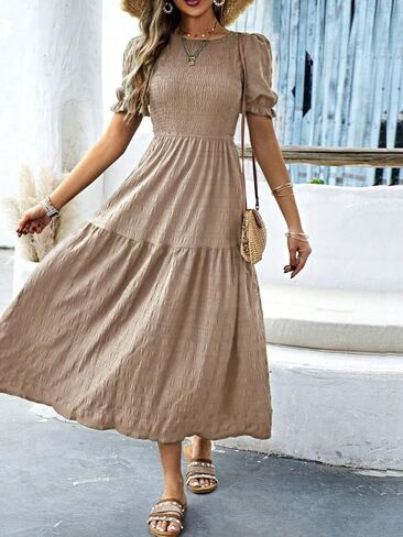 LIGHT DOT Women's Maxi Modest Dress 2025 Ruffle Puff Short Sleeve Smocked Tiered Casual Flowy in Kuwait