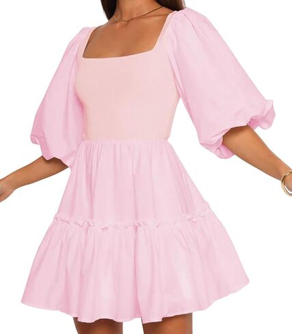Women Puff Half Sleeve Square Neck Mini Dresses Elastic Waist Elegant Summer Casual Ruffles Dress in Saudi Arabia