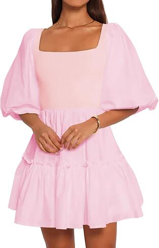 Women Puff Half Sleeve Square Neck Mini Dresses Elastic Waist Elegant Summer Casual Ruffles Dress in Saudi Arabia