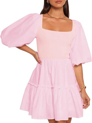 Women Puff Half Sleeve Square Neck Mini Dresses Elastic Waist Elegant Summer Casual Ruffles Dress in Saudi Arabia