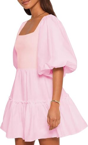 Women Puff Half Sleeve Square Neck Mini Dresses Elastic Waist Elegant Summer Casual Ruffles Dress in Saudi Arabia