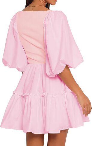Women Puff Half Sleeve Square Neck Mini Dresses Elastic Waist Elegant Summer Casual Ruffles Dress in Saudi Arabia