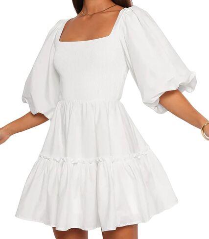Women Puff Half Sleeve Square Neck Mini Dresses Elastic Waist Elegant Summer Casual Ruffles Dress in Saudi Arabia