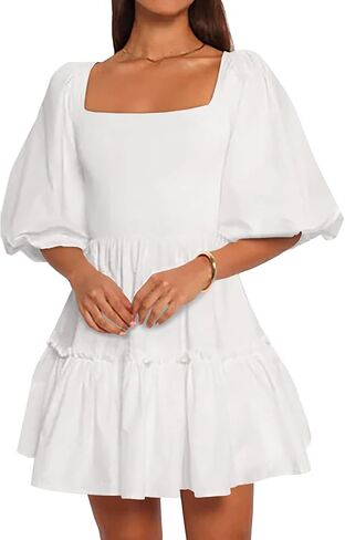 Women Puff Half Sleeve Square Neck Mini Dresses Elastic Waist Elegant Summer Casual Ruffles Dress in Saudi Arabia