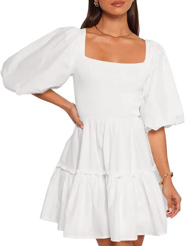 Women Puff Half Sleeve Square Neck Mini Dresses Elastic Waist Elegant Summer Casual Ruffles Dress in Saudi Arabia