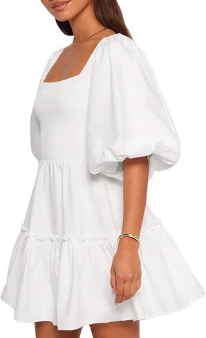 Women Puff Half Sleeve Square Neck Mini Dresses Elastic Waist Elegant Summer Casual Ruffles Dress in Saudi Arabia