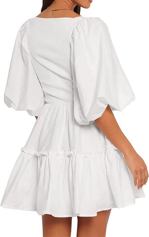 Women Puff Half Sleeve Square Neck Mini Dresses Elastic Waist Elegant Summer Casual Ruffles Dress in Saudi Arabia