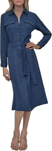 DKNY Women's Long Sleeve Collared Tie Midi Shirtdress in Saudi Arabia