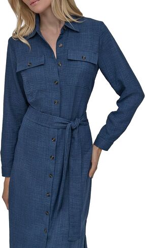DKNY Women's Long Sleeve Collared Tie Midi Shirtdress in Saudi Arabia