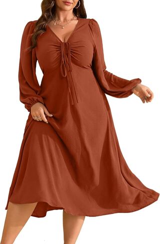 RWJ Fall Wedding Guest Dresses for Women Plus Size V Neck Long Sleeve Tie Front Cocktail Maxi Dress with Pockets in Saudi Arabia
