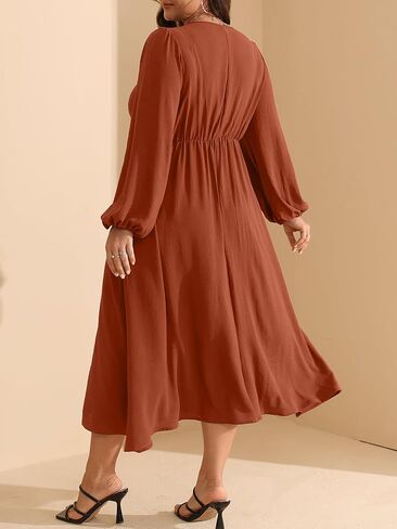 RWJ Fall Wedding Guest Dresses for Women Plus Size V Neck Long Sleeve Tie Front Cocktail Maxi Dress with Pockets in Saudi Arabia