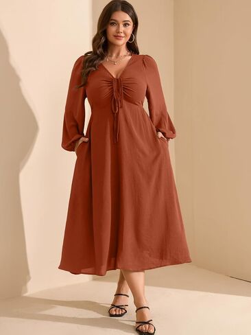 RWJ Fall Wedding Guest Dresses for Women Plus Size V Neck Long Sleeve Tie Front Cocktail Maxi Dress with Pockets in Saudi Arabia