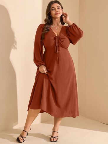 RWJ Fall Wedding Guest Dresses for Women Plus Size V Neck Long Sleeve Tie Front Cocktail Maxi Dress with Pockets in Saudi Arabia
