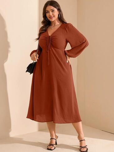 RWJ Fall Wedding Guest Dresses for Women Plus Size V Neck Long Sleeve Tie Front Cocktail Maxi Dress with Pockets in Saudi Arabia