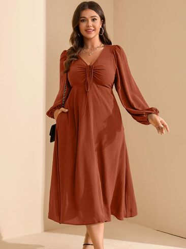 RWJ Fall Wedding Guest Dresses for Women Plus Size V Neck Long Sleeve Tie Front Cocktail Maxi Dress with Pockets in Saudi Arabia
