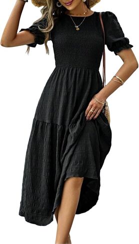LIGHT DOT Women's Maxi Modest Dress 2025 Ruffle Puff Short Sleeve Smocked Tiered Casual Flowy in Saudi Arabia