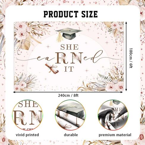 7x5ft Congrats Nurse Graduation Backdrop She Earned It Photography Background Boho Pink Nurse Graduation Class of 2025 RN Graduate Party Decorations Banner Photo Studio Props in Kuwait