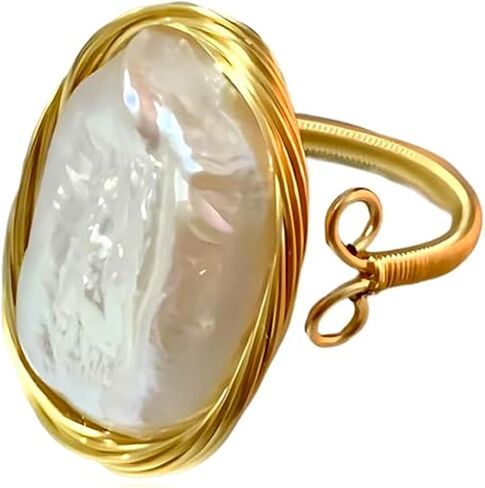 Handcrafted Baroque Pearl Ring, Natural Freshwater Pearl,14k Gold Plated Material, Winding Design, Opening Adjustable in Saudi Arabia