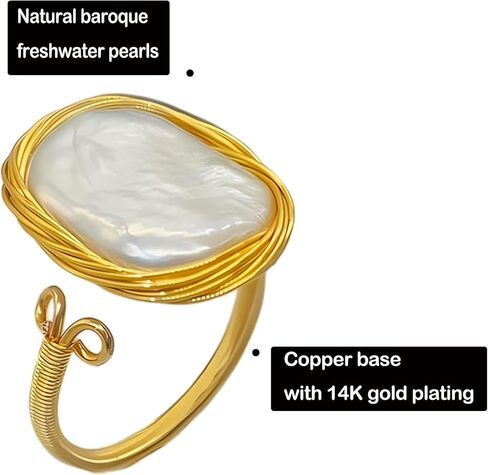 Handcrafted Baroque Pearl Ring, Natural Freshwater Pearl,14k Gold Plated Material, Winding Design, Opening Adjustable in Saudi Arabia