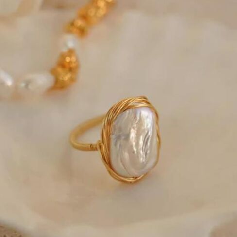 Handcrafted Baroque Pearl Ring, Natural Freshwater Pearl,14k Gold Plated Material, Winding Design, Opening Adjustable in Saudi Arabia