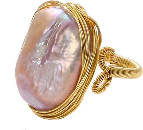 Handcrafted Baroque Pearl Ring, Natural Freshwater Pearl,14k Gold Plated Material, Winding Design, Opening Adjustable in Saudi Arabia
