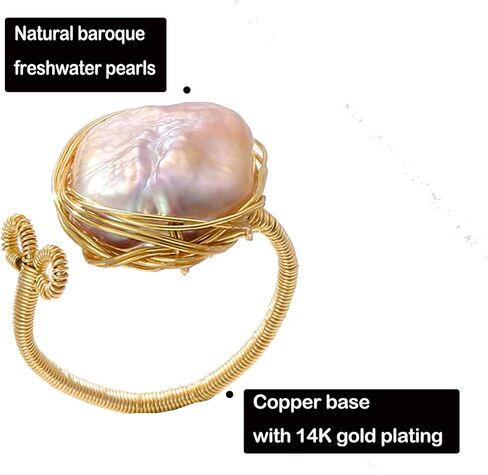 Handcrafted Baroque Pearl Ring, Natural Freshwater Pearl,14k Gold Plated Material, Winding Design, Opening Adjustable in Saudi Arabia