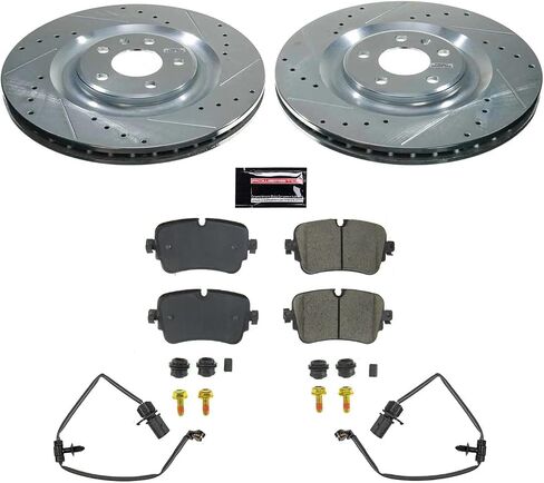 Power Stop Rear K8221 Carbon-Fiber Ceramic Brake Pad with Drilled and Slotted Rotor Kit Z23 Daily Driver and 2 Rear Sensor Wires For Audi A8 Quattro, Audi Q7, Audi Q8 [Model Specific] in Saudi Arabia