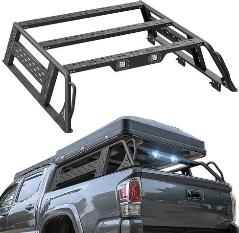 for Tacoma Ladder Bed Rack 16.7" High Overland Truck Full-Size Cargo Racks with 2 Led Lights Compatible for 2016-2025 Toyota Tacoma with Bed Rails, Heavy Duty 1000 LBS Truck Rear Cross Bars in Kuwait