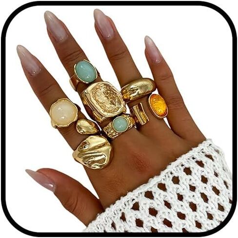 Vintage Crystal Gemstone Rings Set Chunky Statement Gold Rings with Big Large Gem Stone Boho Bohemian Hippie Antique Cocktail Ring Jewelry for Women in Kuwait