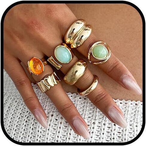 Vintage Crystal Gemstone Rings Set Chunky Statement Gold Rings with Big Large Gem Stone Boho Bohemian Hippie Antique Cocktail Ring Jewelry for Women in Kuwait