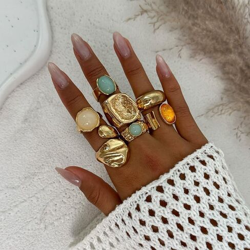 Vintage Crystal Gemstone Rings Set Chunky Statement Gold Rings with Big Large Gem Stone Boho Bohemian Hippie Antique Cocktail Ring Jewelry for Women in Kuwait