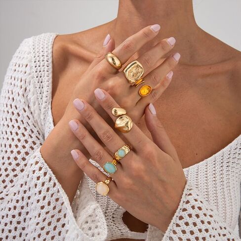 Vintage Crystal Gemstone Rings Set Chunky Statement Gold Rings with Big Large Gem Stone Boho Bohemian Hippie Antique Cocktail Ring Jewelry for Women in Kuwait