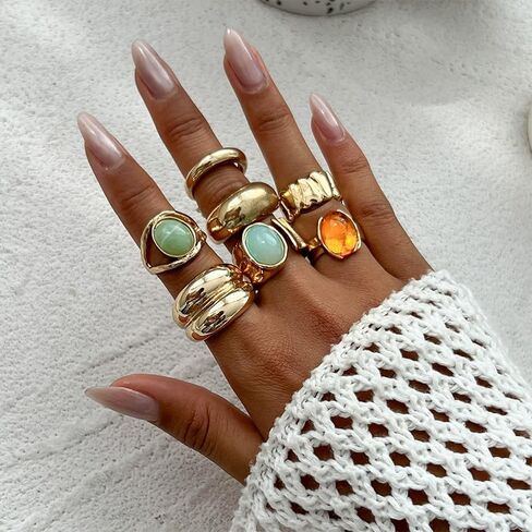 Vintage Crystal Gemstone Rings Set Chunky Statement Gold Rings with Big Large Gem Stone Boho Bohemian Hippie Antique Cocktail Ring Jewelry for Women in Kuwait