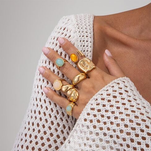 Vintage Crystal Gemstone Rings Set Chunky Statement Gold Rings with Big Large Gem Stone Boho Bohemian Hippie Antique Cocktail Ring Jewelry for Women in Kuwait