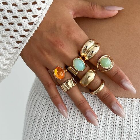 Vintage Crystal Gemstone Rings Set Chunky Statement Gold Rings with Big Large Gem Stone Boho Bohemian Hippie Antique Cocktail Ring Jewelry for Women in Kuwait